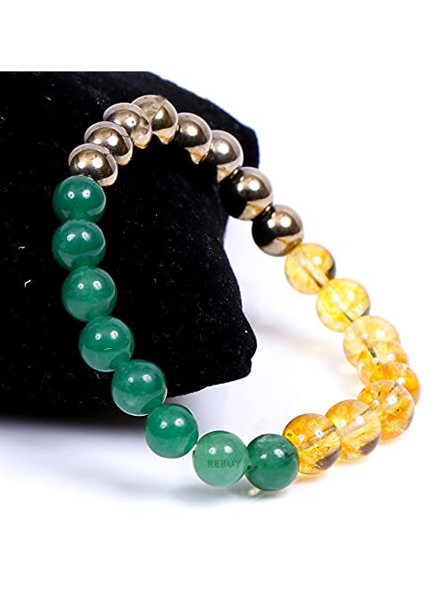 REBUY Citrine,Green Aventurine & Pyrite Stone Bracelet, Natural Crystal Healing Bracelet Gemstone Jewelry Beaded Stone Bracelet for Men & Women