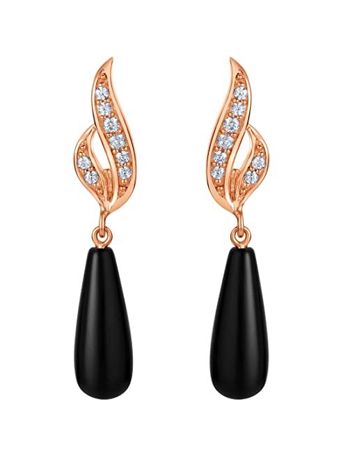 Peora Rose Gold-tone 925 Sterling Silver Black Onyx Midnight Teardrop Dangle Earrings for Women, Hypoallergenic Fine Jewelry