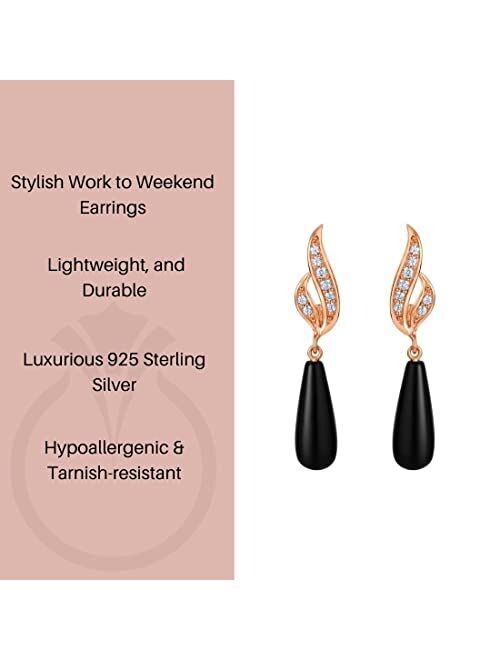 Peora Rose Gold-tone 925 Sterling Silver Black Onyx Midnight Teardrop Dangle Earrings for Women, Hypoallergenic Fine Jewelry