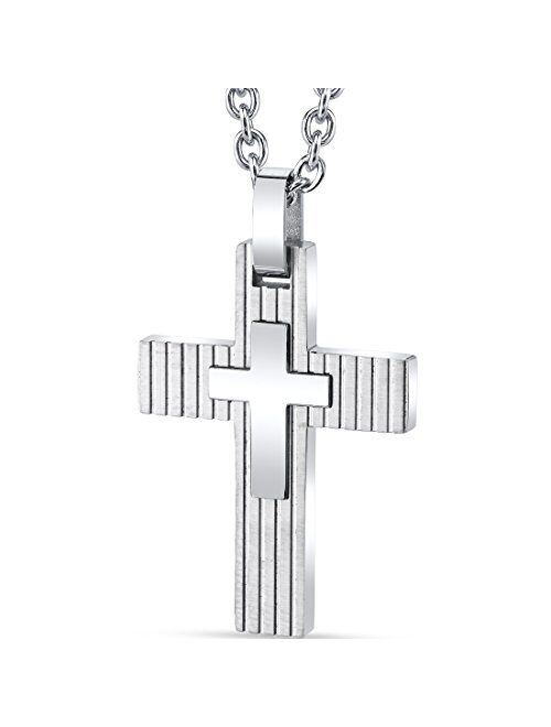 Peora Stainless Steel Layered Latin Cross Pendant Mens Necklace Fathers Day Gift, 22 Inch Chain