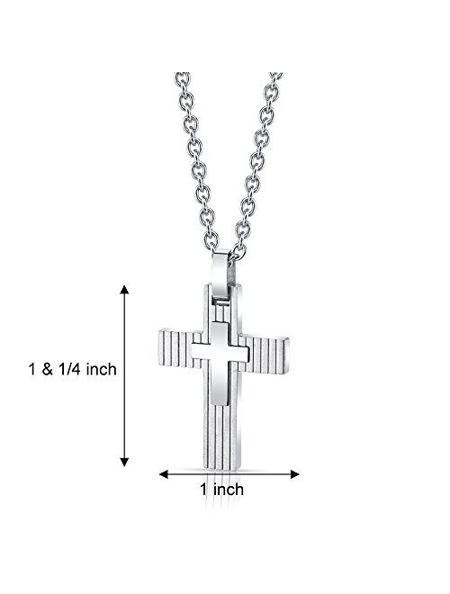 Peora Stainless Steel Layered Latin Cross Pendant Mens Necklace Fathers Day Gift, 22 Inch Chain