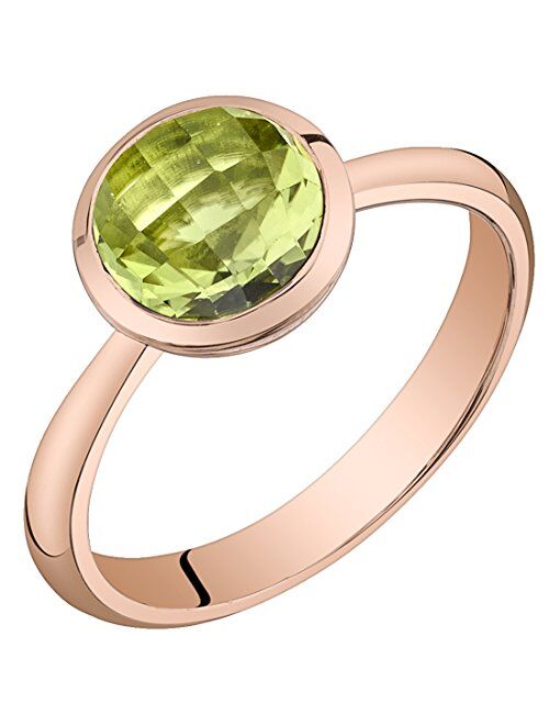 Peora Peridot Solitaire Dome Ring for Women 14K Rose Gold, Genuine Gemstone Birthstone, 2 Carats Round Shape 7mm, AAA Grade, Sizes 5 to 9