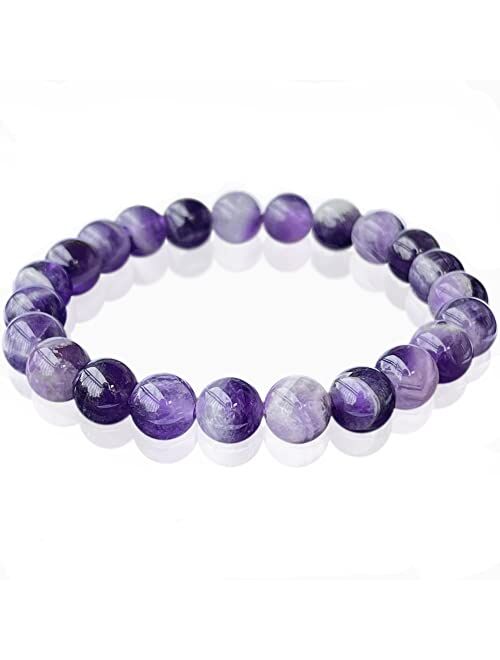 Von Keib Natural Stone Real Chevron Amethyst Crystal Anxiety Beaded Bracelet Healing for Women Men Stretch Round Beads 8 mm (0.31")