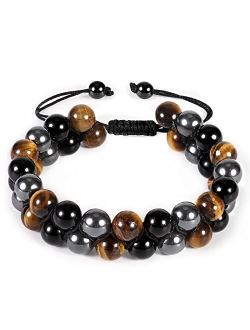 Denchy Triple Protection Bracelet, Tigers Eye - Black Obsidian and Hematite Beaded Bracelets for Men Women, Tourmaline Spiritual Natural Crystal Stone Luck Bracelet, Birt