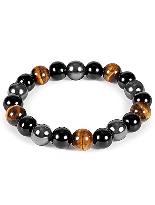 Denchy Triple Protection Bracelet, Tigers Eye - Black Obsidian and Hematite Beaded Bracelets for Men Women, Tourmaline Spiritual Natural Crystal Stone Luck Bracelet, Birt