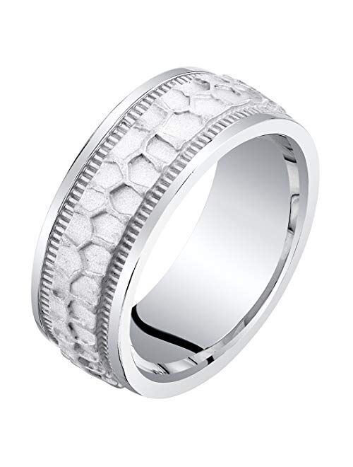 Peora Mens Sterling Silver Hammered Pattern Wedding Ring Band 8mm Comfort Fit Sizes 8 to 14