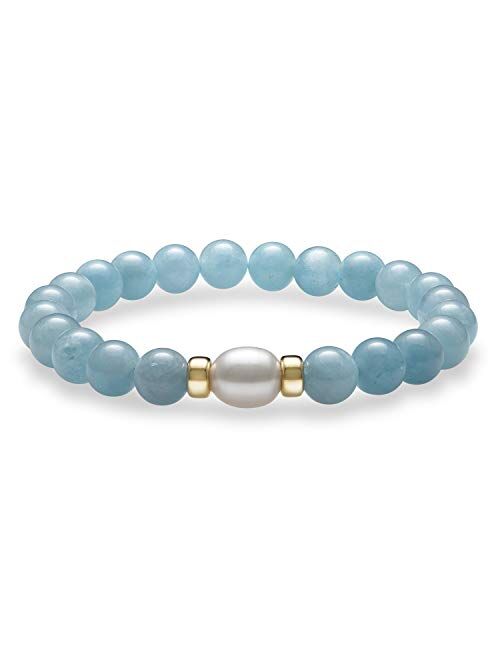 Belacqua 14K Gold Aquamarine and Freshwater Pearl Stretch Bracelet for Women