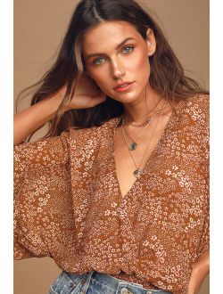 Promises Kept Brown Floral Print Sheer Smocked Top