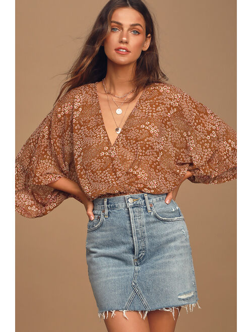 Lulus Promises Kept Brown Floral Print Sheer Smocked Top