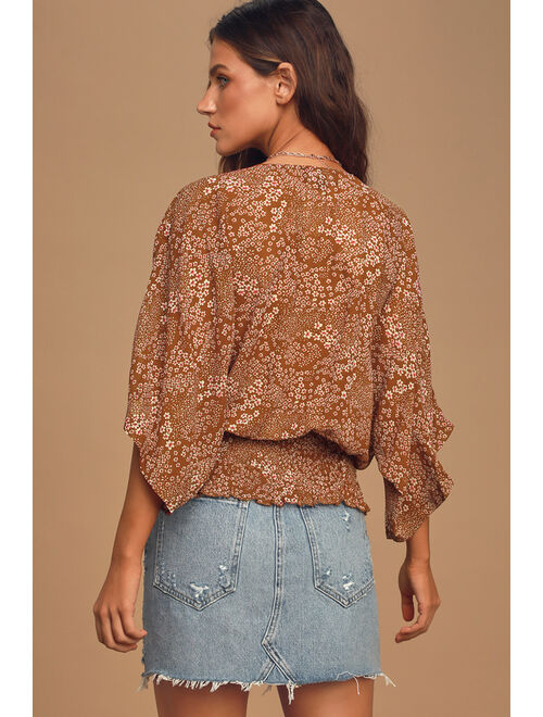 Lulus Promises Kept Brown Floral Print Sheer Smocked Top