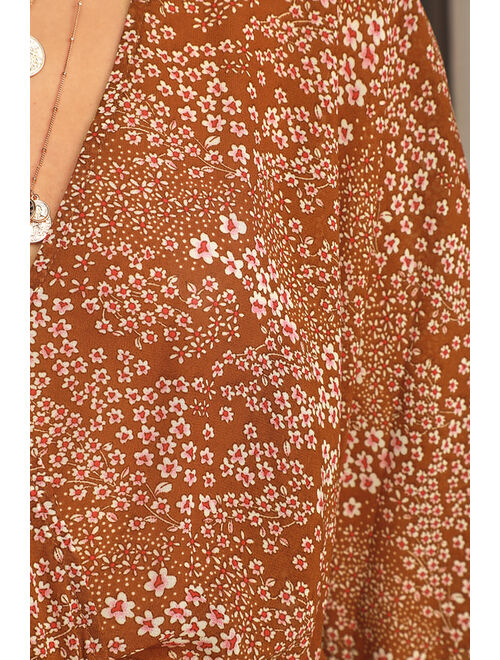 Lulus Promises Kept Brown Floral Print Sheer Smocked Top