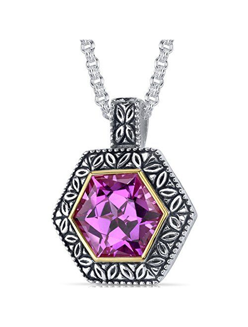 Peora Created Pink Sapphire Pendant Necklace in Sterling Silver, Pretty Vintage Two-Tone Design, 10 Carats Hexagon Shape with 18 inch Chain