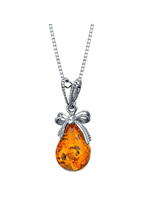 Peora Genuine Baltic Amber Sweet Bow Pendant Necklace for Women 925 Sterling Silver, Rich Cognac Color, with 18 inch Chain