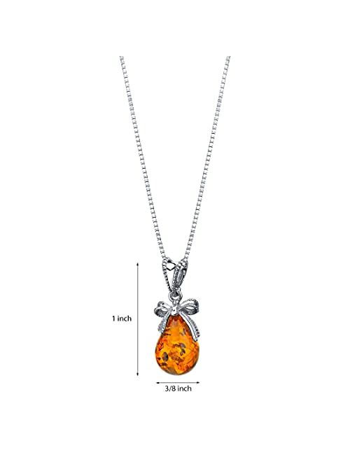 Peora Genuine Baltic Amber Sweet Bow Pendant Necklace for Women 925 Sterling Silver, Rich Cognac Color, with 18 inch Chain