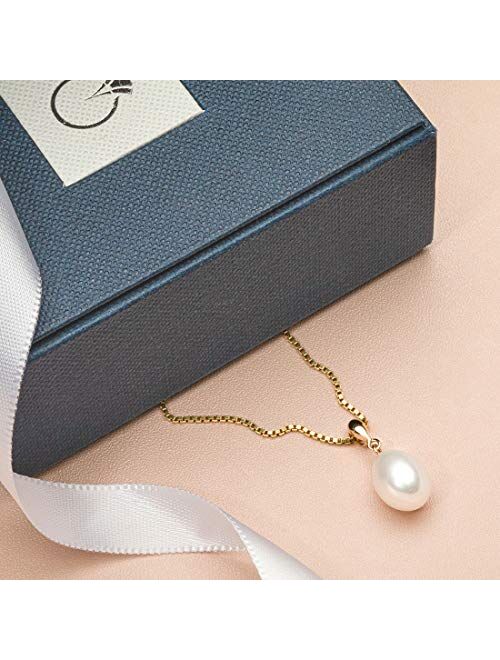 Peora Freshwater Cultured White Pearl Pendant in 14K Yellow Gold, Baroque Oval Shape, 10x8mm Dainty Solitaire