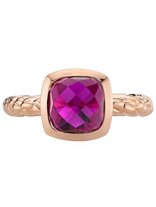 Peora Created Ruby Solitaire Ring for Women 14K Rose Gold, 2.50 Carats Cushion Cut 7mm, Comfort Fit, Sizes 5 to 9