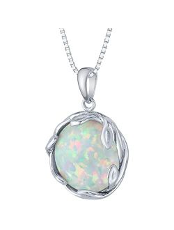 3 Carats Created White Fire Opal Pendant Necklace for Women 925 Sterling Silver, 14mm Round Shape Olive Leaf Vine Solitaire, October Birthstone Jewelry, with 18 inc