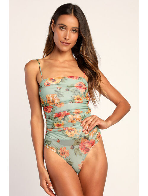 Lulus Breath of Mesh Air Sage Green Floral Print Ruched Bodysuit