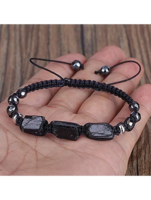 Ochoos Natural Rough Black Tourmaline Healing Stone Bead Faceted Hematite Nylon Rope Adjustable Macrame Energy Bracelet Man Women - (Length: Unisex Adjustable)