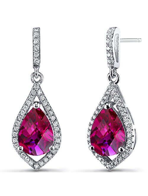 Peora Created Ruby Teardrop Dangle Earrings for Women 925 Sterling Silver, 5 Carats total Pear Shape 10x7mm, Friction Backs