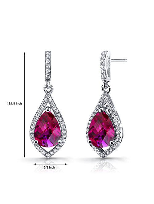 Peora Created Ruby Teardrop Dangle Earrings for Women 925 Sterling Silver, 5 Carats total Pear Shape 10x7mm, Friction Backs