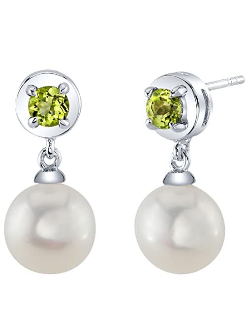 Peora 8mm Freshwater Cultured White Pearl and Peridot Dangle Drop Earrings 925 Sterling Silver, August Birthstone