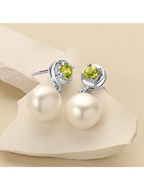 Peora 8mm Freshwater Cultured White Pearl and Peridot Dangle Drop Earrings 925 Sterling Silver, August Birthstone