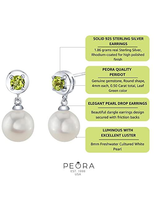 Peora 8mm Freshwater Cultured White Pearl and Peridot Dangle Drop Earrings 925 Sterling Silver, August Birthstone