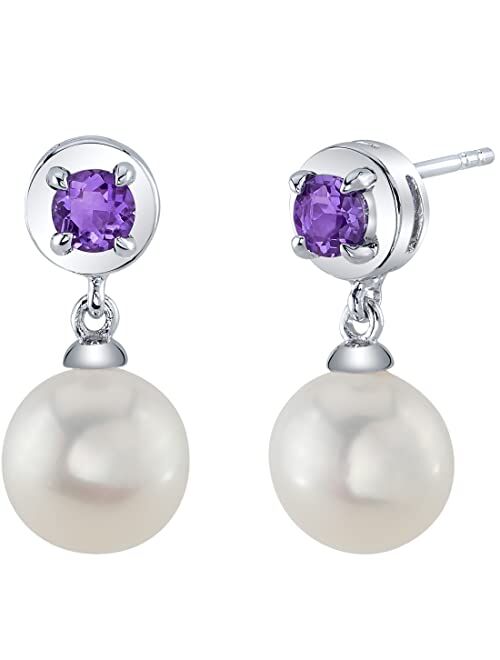 Peora 8mm Freshwater Cultured White Pearl and Amethyst Dangle Drop Earrings 925 Sterling Silver, February Birthstone