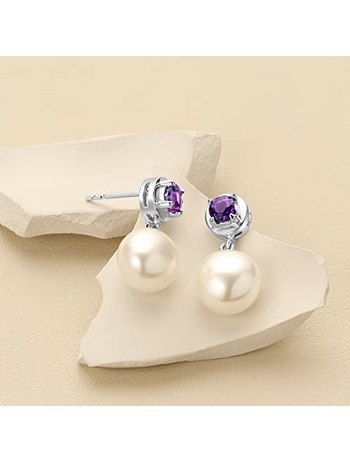 Peora 8mm Freshwater Cultured White Pearl and Amethyst Dangle Drop Earrings 925 Sterling Silver, February Birthstone