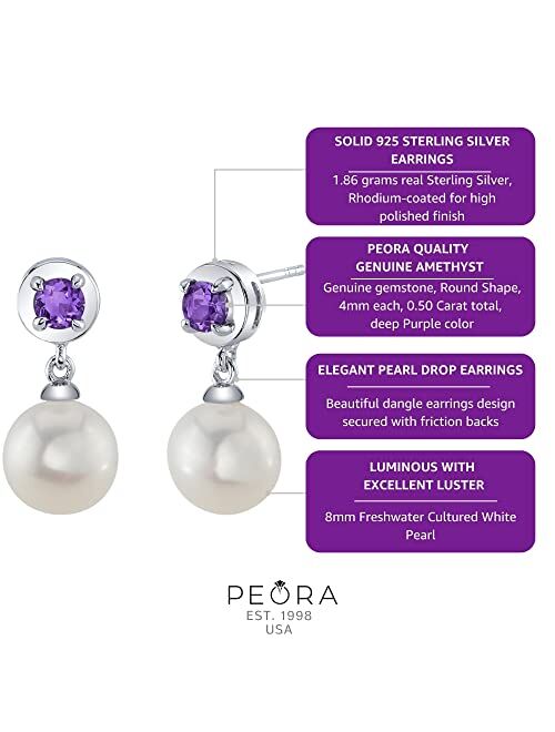 Peora 8mm Freshwater Cultured White Pearl and Amethyst Dangle Drop Earrings 925 Sterling Silver, February Birthstone