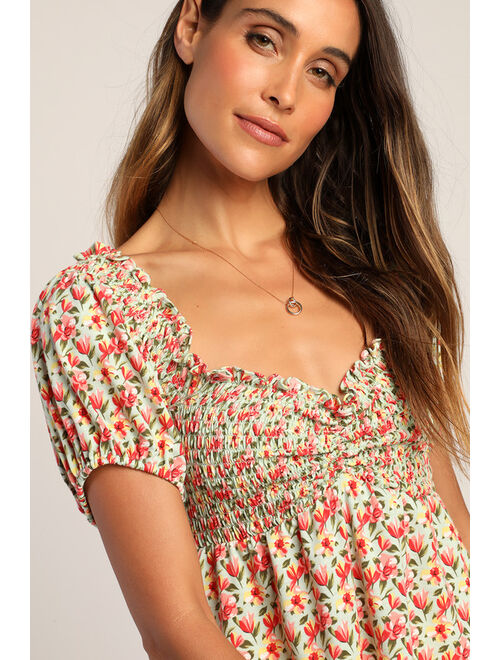 Lulus Such A Flirt Sage Floral Smocked Peplum Short Sleeve Top