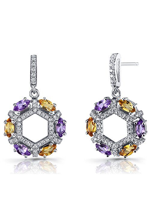 Peora Amethyst and Citrine Small Hoop Dangle Earrings in Sterling Silver, Marquise Shape, 1.20 Carats Total, Friction Backs