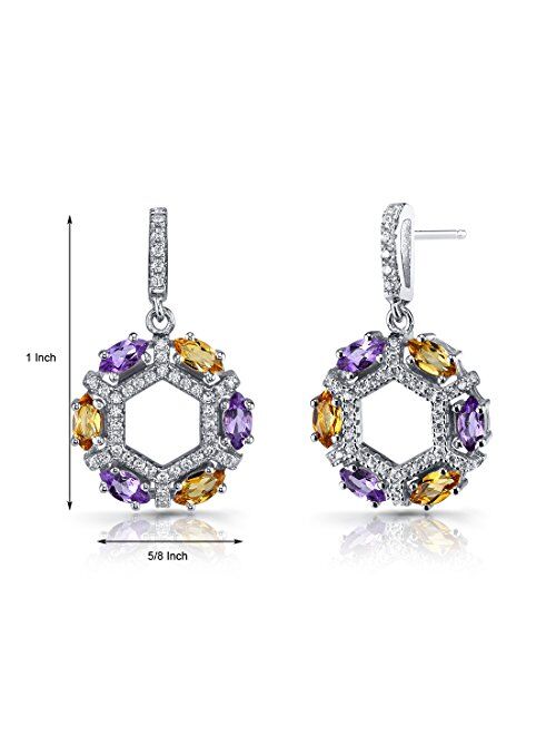 Peora Amethyst and Citrine Small Hoop Dangle Earrings in Sterling Silver, Marquise Shape, 1.20 Carats Total, Friction Backs