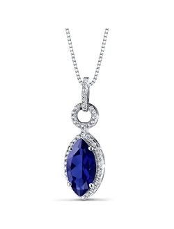 Created Blue Sapphire Pendant Necklace for Women 925 Sterling Silver, Designer Vintage Style, 3.75 Carats Marquise Cut 14x7mm, with 18 inch Chain