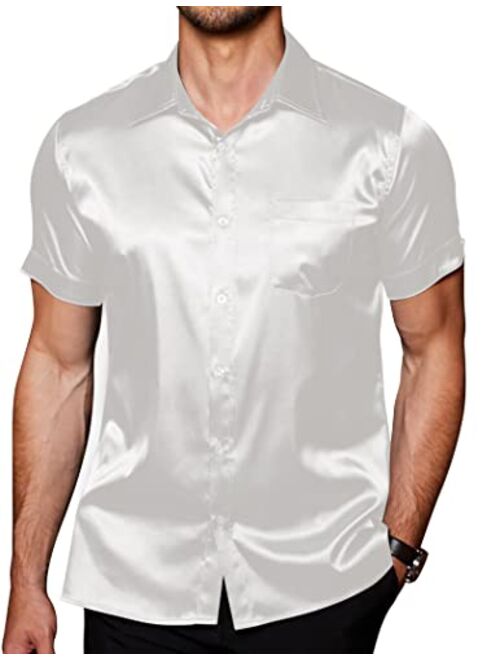 COOFANDY Men's Summer Shirts Short Sleeve Silk Satin Jacquard Shirts Casual Button Down Beach Shirt