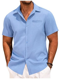 Mens Casual Linen Shirt Short Sleeve Button Down Shirt Summer Beach Hawaiian Shirts