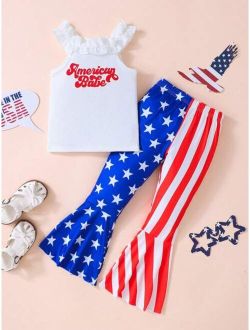 Toddler Girls Letter Graphic Wide Strap Top & Americana Print Flare Leg Pants