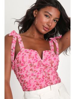 Flirtatious Sweetness Pink Floral Ruched Mesh Tie-Strap Top