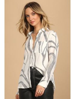 Abstract Artist Black and White Print Long Sleeve Button-Up Top