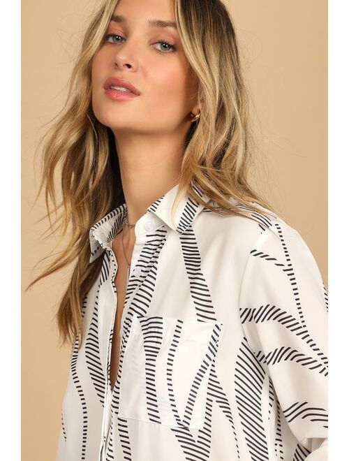 Lulus Abstract Artist Black and White Print Long Sleeve Button-Up Top