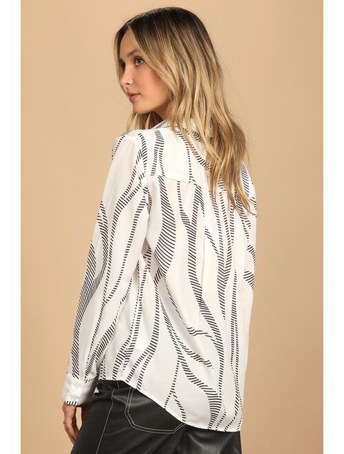 Lulus Abstract Artist Black and White Print Long Sleeve Button-Up Top