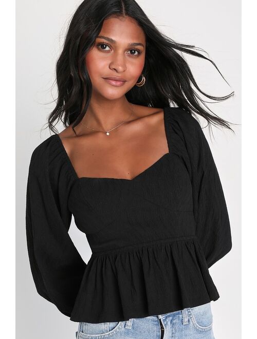 Lulus Stunning Aesthetic Black Lace-Up Ruffled Balloon Sleeve Top