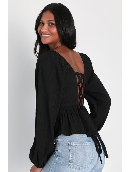 Lulus Stunning Aesthetic Black Lace-Up Ruffled Balloon Sleeve Top