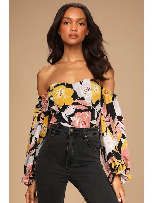 Lulus Bring the Blossom Black Floral Print Off-the-Shoulder Bodysuit