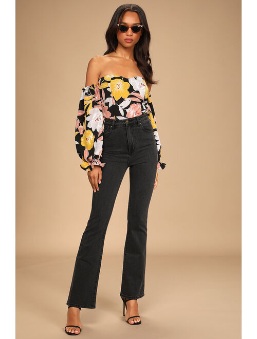 Lulus Bring the Blossom Black Floral Print Off-the-Shoulder Bodysuit