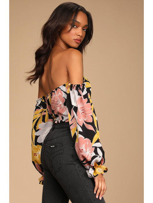 Lulus Bring the Blossom Black Floral Print Off-the-Shoulder Bodysuit