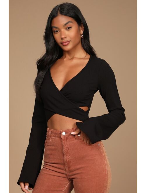 Lulus Perfect Appeal Black Ribbed Cutout Bell Sleeve Bodysuit