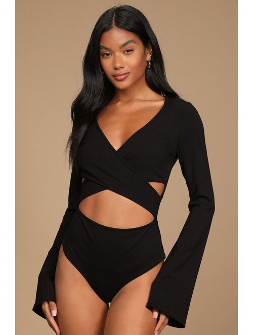 Lulus Perfect Appeal Black Ribbed Cutout Bell Sleeve Bodysuit