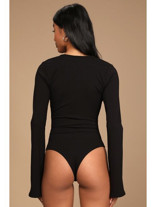 Lulus Perfect Appeal Black Ribbed Cutout Bell Sleeve Bodysuit